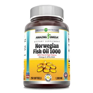 Amazing Omega Norwegian Fish Oil | 1000 Mg | 250 Softgels | Lemon Flavor