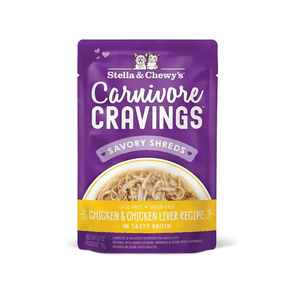 Carnivore Cravings  Chicken & Chicken Liver 100% Complete Balance Diet Recipe In Tasty Broth (Savory Shreds) Cat Pouch