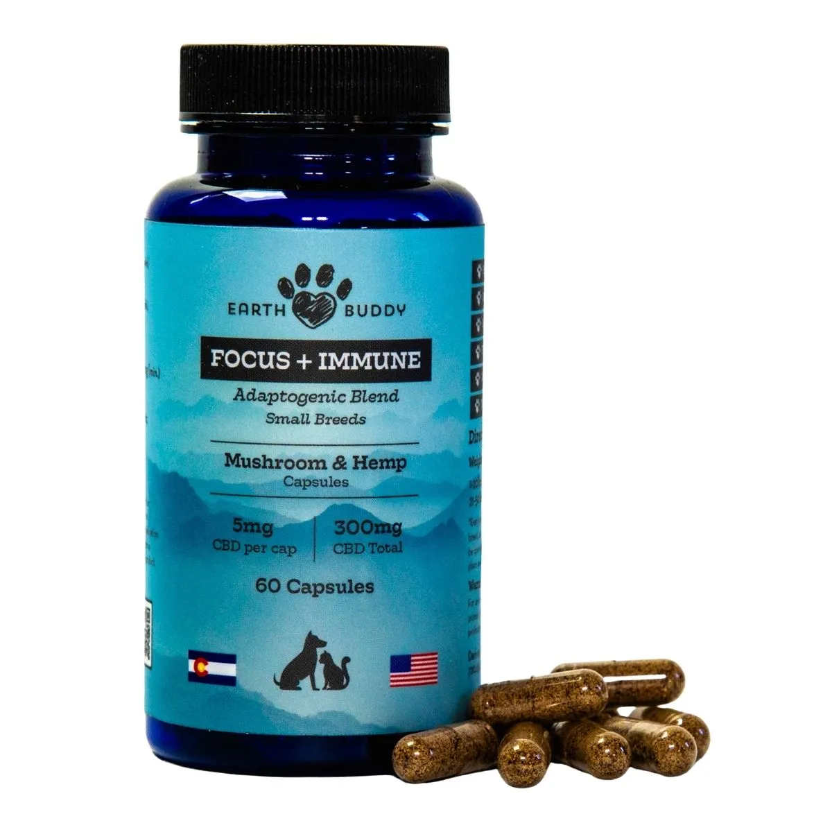 Earth Buddy Focus   Immune-Mushroom & Hemp Capsules for Cats & Small Breed Dogs 60 Capsules 5mg